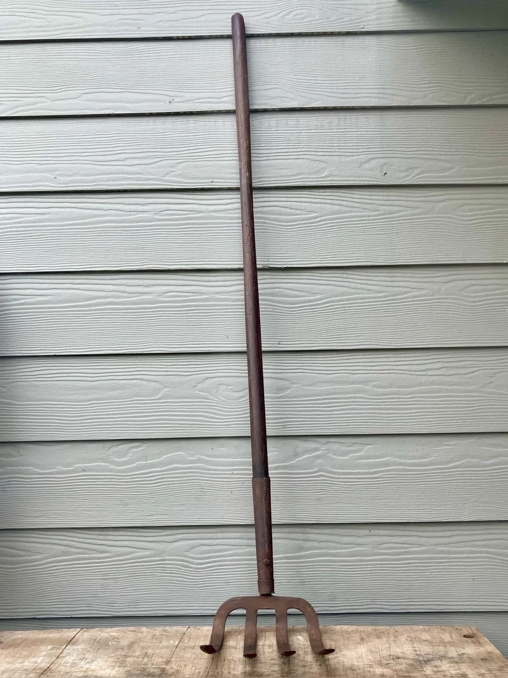 Vintage Farming Tool Wood Handle Manure Drag Rake 4 Tine Stamped Dorcy
